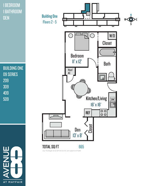 Floor plan for 1 bed, 1 bath, 665 sqft